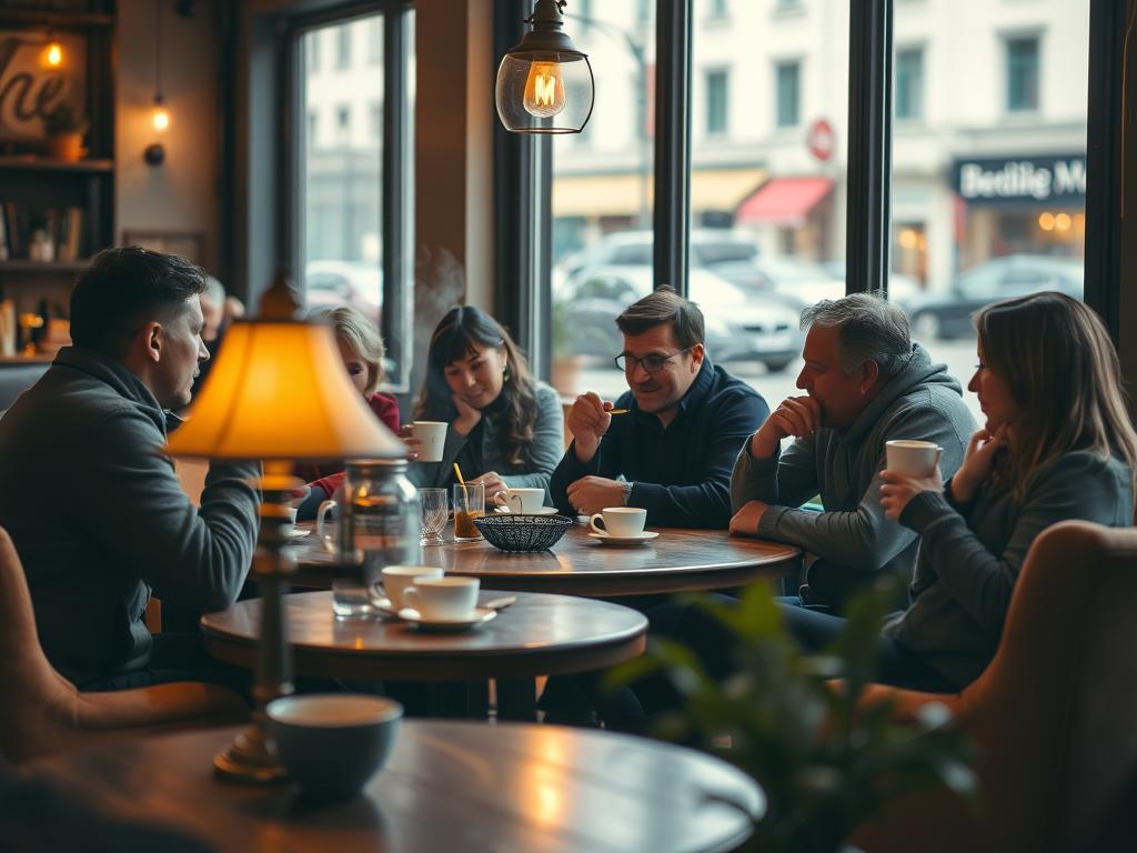 A cozy, well-lit café interior with a group of friends gathered around a table, deep in conversation over steaming cups of coffee. The foreground features the intimately arranged setting - wooden tables, plush armchairs, and vintage lamps casting a warm glow. In the middle ground, the friends' animated expressions and gestures convey a sense of community and connection. The background depicts a softly blurred view through the café's large windows, hinting at the bustling city street outside, yet maintaining the tranquil, insular atmosphere of the Gemeinschaft within. The overall scene evokes a feeling of comfort, camaraderie, and the cherished ritual of the Kaffee Klatsch.