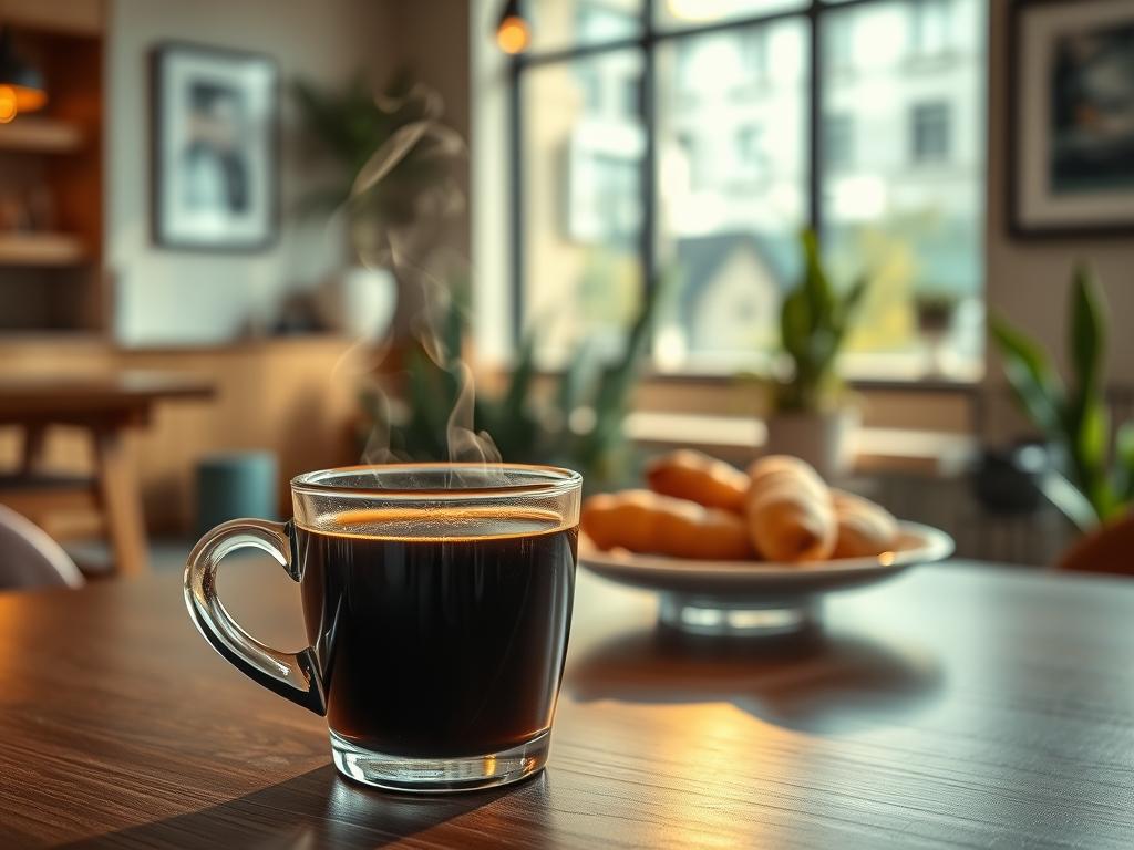 A cozy, well-lit café interior with a steaming mug of freshly brewed coffee in the foreground. The rich, dark liquid is highlighted by soft, warm lighting, casting a comforting glow. In the middle ground, a plate of delectable pastries or baked goods sits invitingly, complementing the coffee. The background features a calm, modern setting with wooden accents, plants, and subtle artwork, creating a serene and relaxing atmosphere. The overall scene conveys the soothing and rejuvenating experience of enjoying a cup of coffee, highlighting its health benefits.