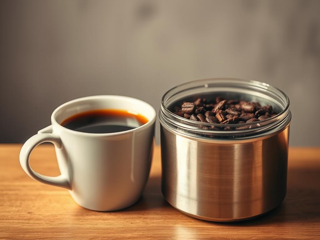 A crisp, freshly brewed cup of coffee, its rich aroma filling the air. Beside it, a sleek, modern freezer container, its metallic surface gleaming under warm lighting. The container's transparent lid allows a glimpse of the coffee grounds within, frozen in time, ready to be thawed and enjoyed at a later date. The scene conveys a sense of convenience and efficiency, with the freezer container promising to preserve the coffee's flavor and freshness for an extended period. The composition is balanced, with the coffee and freezer container taking center stage, surrounded by a minimalist, slightly blurred background that adds depth and focus to the main elements.