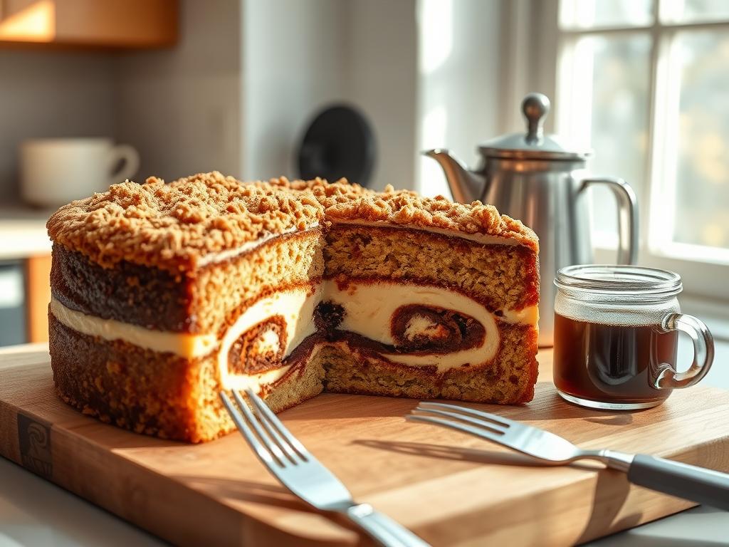 A delectable coffee cake, meticulously crafted with a rich, velvety batter and a crown of glistening crumbs. Sunlight filters through a kitchen window, casting a warm, inviting glow over the scene. The cake rests on a wooden cutting board, its layers revealed in cross-section, showcasing the intricate swirls of coffee-infused sponge and creamy filling. Delicate forks and a fresh-brewed pot of coffee stand ready, inviting the viewer to indulge in this sumptuous homemade delight. The composition is balanced, with clean lines and a focus on the cake's texture and composition, capturing the essence of the step-by-step baking process.
