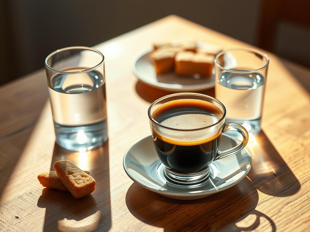 A delicate, aromatic cup of Kaffee Long Genuss sits on a wooden table, bathed in warm, natural light. The dark, rich espresso gently steams, its crema forming a tantalizing crown. Nearby, a slender glass of clear mineral water and a small plate of artisanal biscuits or pastries create a harmonious still life. The scene evokes a sense of unhurried pleasure, inviting the viewer to savor the moment and fully experience the nuanced flavors of this exceptional coffee. The composition is crisp and minimalist, allowing the quality of the Kaffee Long to shine through.