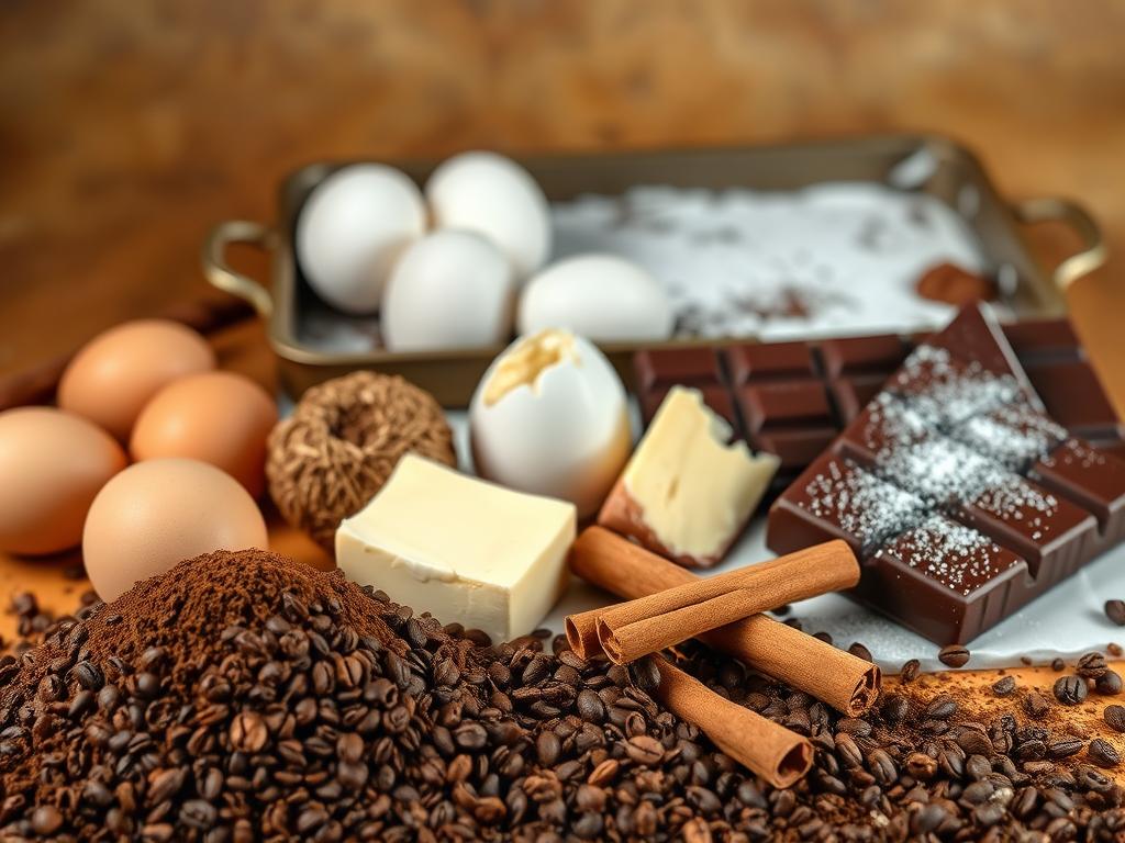 A delightful arrangement of classic coffee cake ingredients, set against a warm, earthy backdrop. In the foreground, a bountiful display of ground coffee, cocoa powder, and cinnamon sticks, hinting at the rich flavors to come. The midground features an array of fresh eggs, creamy butter, and a decadent chocolate bar, the building blocks of a moist and indulgent cake. In the background, a vintage-inspired tray with a dusting of powdered sugar, setting the stage for the perfect slice of Kaffeetorte. Soft, diffused lighting casts a cozy glow, evoking the comforting aroma of freshly brewed coffee. The overall composition is both visually appealing and mouthwatering, capturing the essence of the perfect coffee cake.