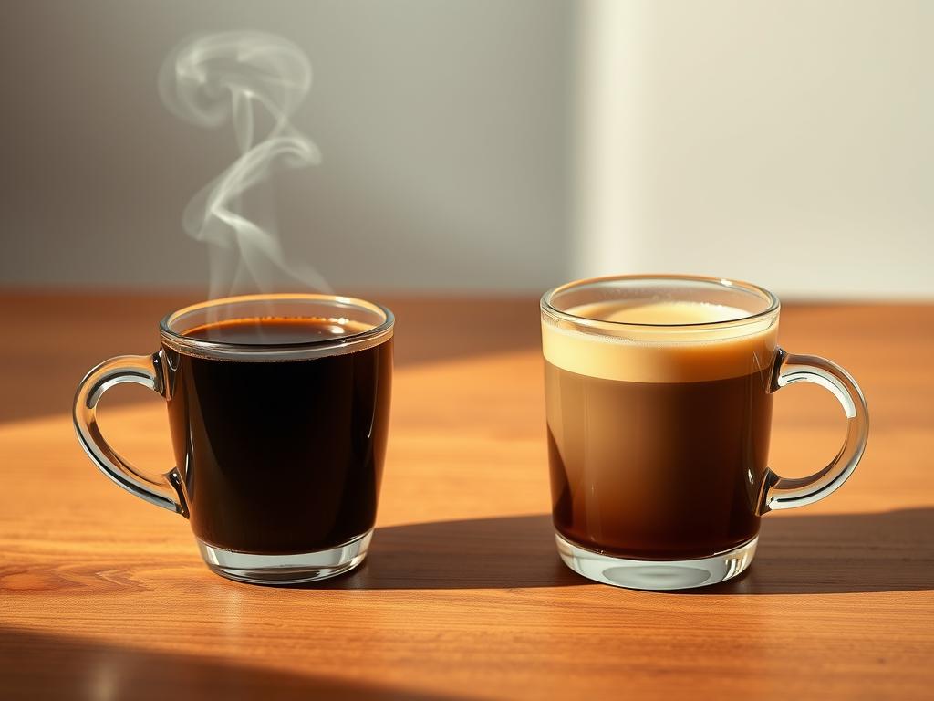 A detailed illustration of the caffeine content in coffee and espresso. In the foreground, two steam-topped cups, one of dark, rich espresso and one of light, aromatic coffee. The cups are placed on a wooden table with a clean, minimalist background. Soft, warm lighting illuminates the scene, casting subtle shadows that accentuate the textures of the cups and table surface. The composition emphasizes the visual contrast between the two beverages, inviting the viewer to compare their distinct properties. The mood is one of quiet contemplation, inviting the viewer to consider the differences in caffeine concentration between these two popular coffee drinks.