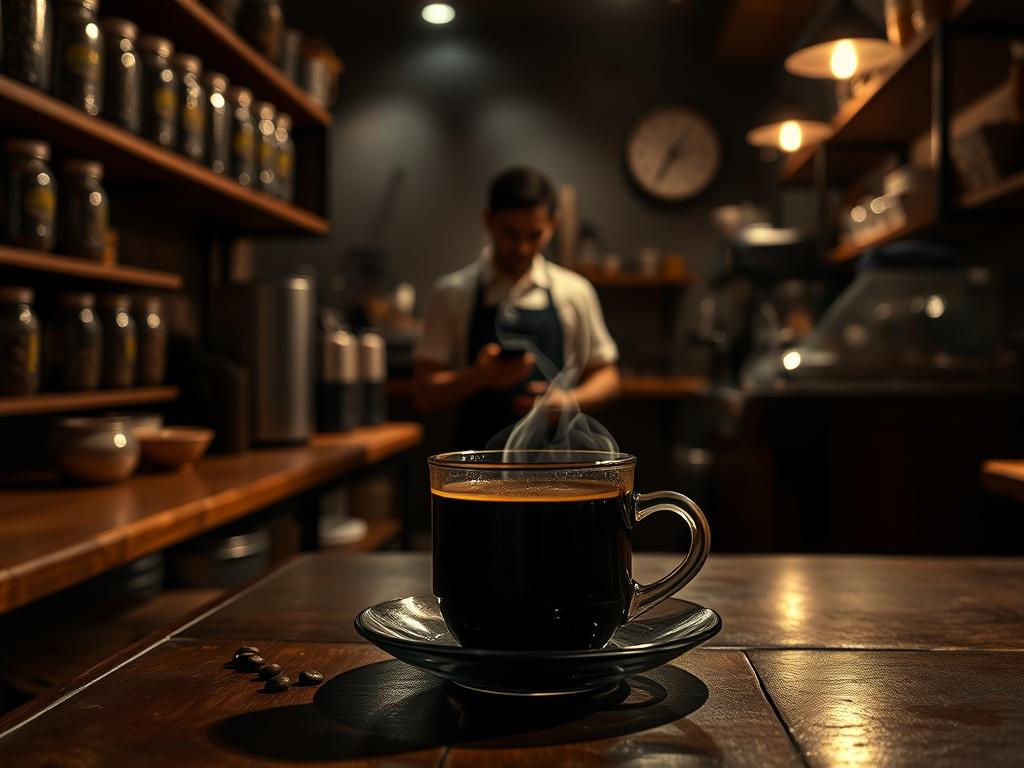 A dimly lit coffee shop interior, with a worn wooden counter and shelves stocked with jars of whole beans. In the foreground, a steaming mug of dark, aromatic coffee sits on a saucer, with a small cloud of steam rising from the surface. The lighting is soft and moody, casting deep shadows across the room. In the middle ground, a barista stands behind the counter, their face obscured as they prepare another order. The background is hazy and out of focus, suggesting the tranquil atmosphere of a cozy café. The overall scene conveys a sense of contemplation and the potential health risks associated with excessive coffee consumption.