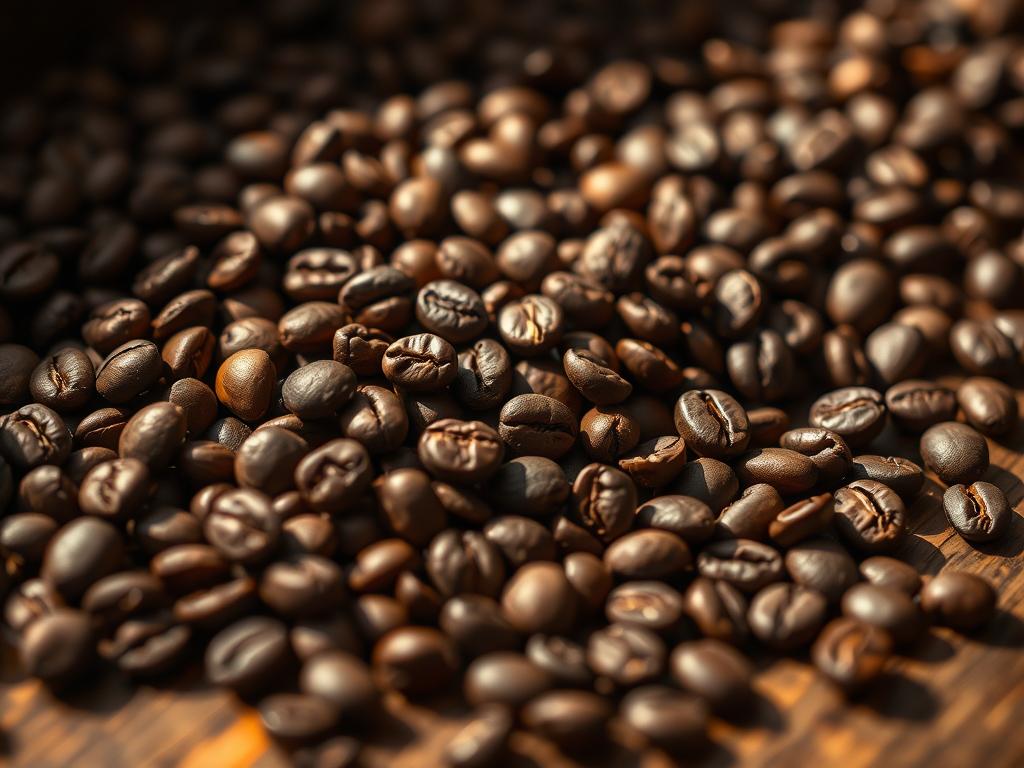 A high-quality coffee beans close-up, freshly roasted with a rich, aromatic aroma. The coffee beans are neatly arranged on a wooden surface, highlighted by soft, warm lighting from the side, casting subtle shadows. The depth of field is shallow, putting the focus on the intricate details of the beans' texture and color variations, ranging from deep brown to golden hues. The overall mood is one of artisanal craftsmanship, inviting the viewer to appreciate the care and precision that goes into producing exceptional coffee.