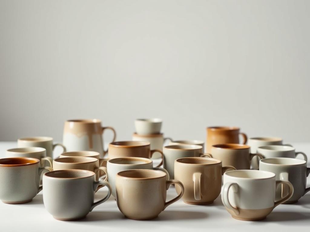 A meticulously curated selection of elegant coffee cup sets, each with its own distinct character, artfully arranged against a soft, diffused backdrop. The foreground features an array of various-sized ceramic mugs in a harmonious palette of muted tones, their smooth surfaces reflecting the gentle lighting. In the middle ground, smaller espresso cups and saucers add visual interest, while the background subtly fades into a minimalist, studio-like setting, allowing the products to take center stage. The overall mood is one of refined simplicity, inviting the viewer to imagine the perfect cup of coffee experience.