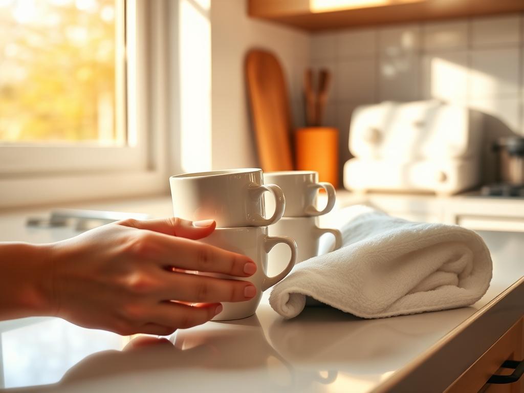 A pristine kitchen counter, bathed in warm, natural light streaming through a nearby window. On the counter, a stack of dishwasher-safe ceramic mugs, their glossy surfaces glistening. A soft, fluffy white towel lies nearby, ready to gently dry the freshly washed cups. In the foreground, a gentle hand carefully arranges the mugs, ensuring they are properly positioned for easy access and display. The overall scene conveys a sense of order, cleanliness, and care in the maintenance of these essential daily-use coffee cups.