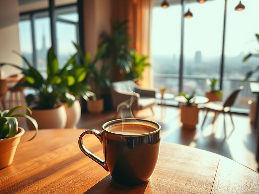 A serene café interior bathed in warm, natural lighting. In the foreground, a sleek and elegant mug filled with a rich, aromatic coffee, wisps of steam rising from the surface. The mug rests on a wooden table, surrounded by lush potted plants and a calming, minimalist decor. In the middle ground, a cozy seating area invites visitors to relax and savor the moment. The background features large windows overlooking a picturesque urban landscape, creating a sense of tranquility and connection with the outside world. The overall atmosphere exudes a sense of wellness, comfort, and mindfulness.