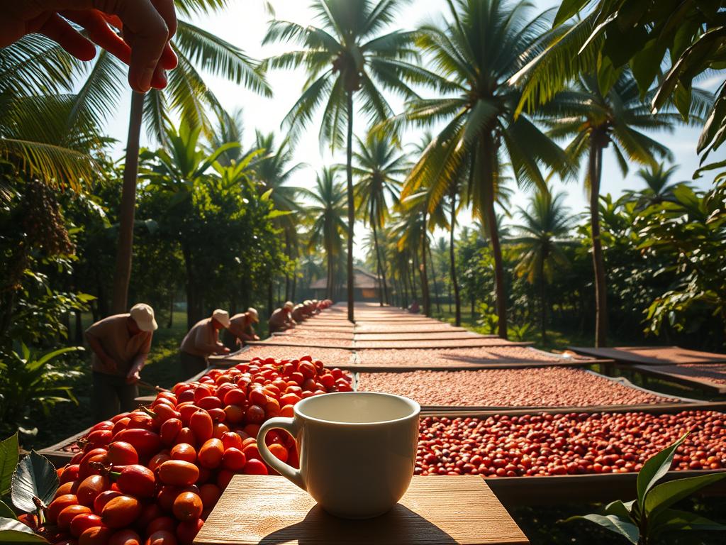 A serene, sun-dappled scene of a traditional coffee plantation in a lush, tropical setting. In the foreground, a team of skilled workers carefully hand-sorts freshly harvested coffee cherries, their movements graceful and precise. The cherries, plump and ripe, have a vibrant red-orange hue that contrasts beautifully with the deep green foliage surrounding them. In the middle ground, wooden drying racks stretch out, where the coffee beans are laid out to dry in the warm, gentle breeze. Towering palm trees sway overhead, casting intricate patterns of light and shadow across the scene. The atmosphere is one of quiet industry and reverence for the craft of coffee production. An angular, modern-style coffee cup sits in the foreground, a subtle nod to the final product of this meticulous process.