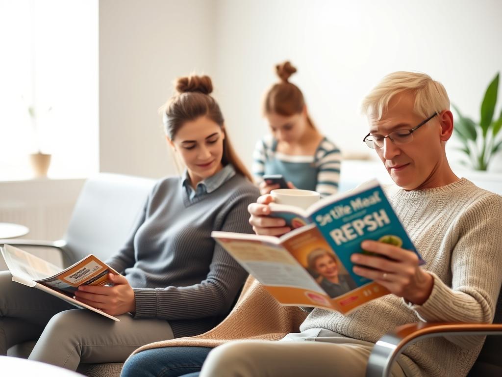 A serene waiting room with people sitting patiently after a dental cleaning. Soft lighting illuminates the scene, casting a warm, calming atmosphere. In the foreground, a couple sips coffee while browsing magazines, their expressions relaxed. In the middle ground, a young woman checks her phone, her posture conveying a sense of tranquility. The background features clean, minimalist decor with subtle natural elements, creating a soothing and professional environment. The overall composition evokes a sense of calm anticipation, reflecting the ideal time for enjoying a refreshing coffee after a dental appointment.