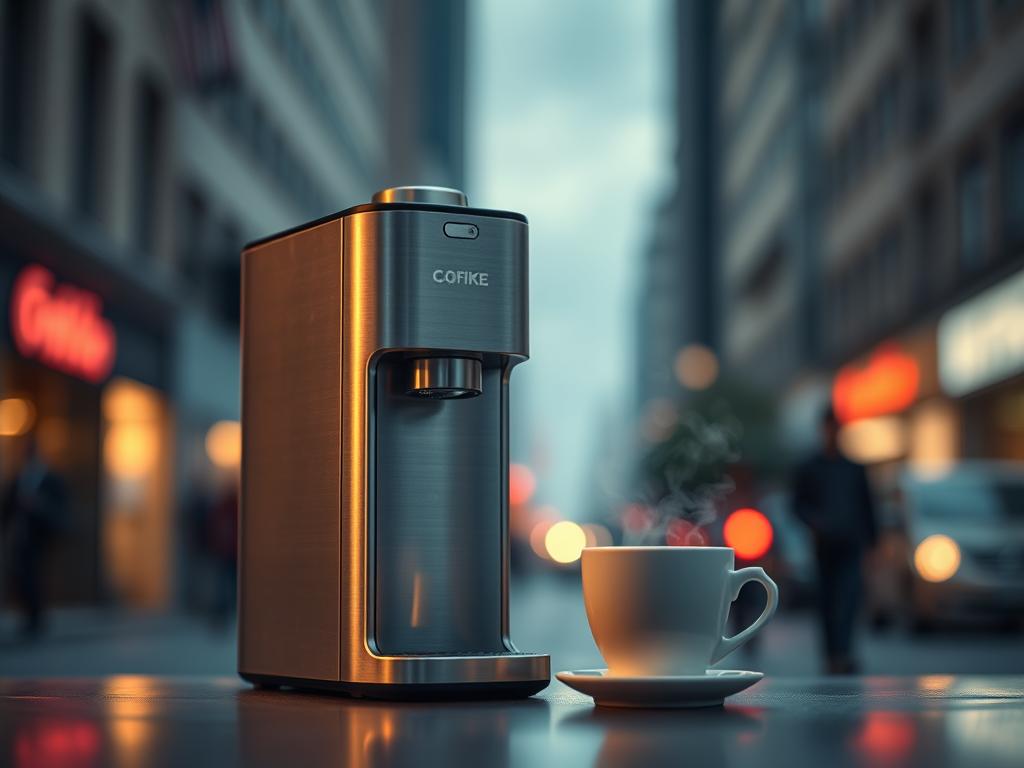 A sleek, portable coffee machine set against a blurred background of a busy city street. The machine is made of brushed stainless steel, with a compact, streamlined design. Warm, muted lighting illuminates the device, casting a soft glow. In the foreground, a well-crafted coffee cup sits next to the machine, steam rising from the freshly brewed beverage. The scene conveys a sense of modern convenience and on-the-go sophistication, perfect for the busy professional seeking a quality coffee experience while away from home.