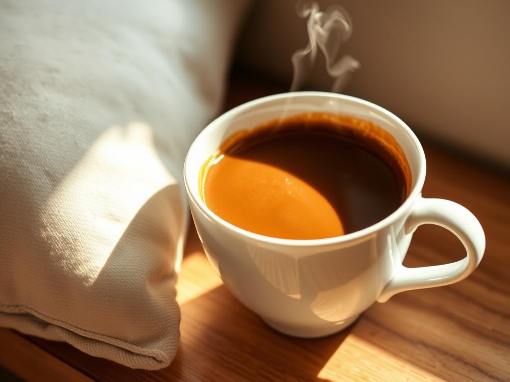 A soothing, softly-lit close-up of a delicate porcelain cup filled with freshly brewed coffee, its aromatic steam gently rising. The coffee's surface is smooth, with a rich, velvety crema topping. The cup rests on a wooden table, alongside a soft, plush cushion in a soothing neutral tone, hinting at the gentle care and comfort needed for post-dental recovery. The lighting is warm and inviting, creating a sense of calm and relaxation, perfect for savoring this restorative coffee moment after a dental procedure.