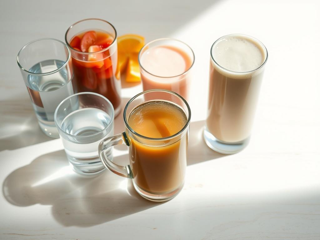 A still life scene featuring a variety of beverages and refreshments that could serve as alternatives to coffee after a dental cleaning. The composition includes a glass of water, a mug of herbal tea, a glass of fresh fruit juice, and a smoothie or milkshake. The items are arranged on a clean, light-colored wooden surface, with natural lighting casting soft shadows. The overall mood is calming and restorative, conveying the idea of gentle, tooth-friendly options to soothe the palate after a dental visit. The image should avoid any clinical or medical elements, instead focusing on a harmonious, appetizing display of healthy, delicious alternatives to coffee.