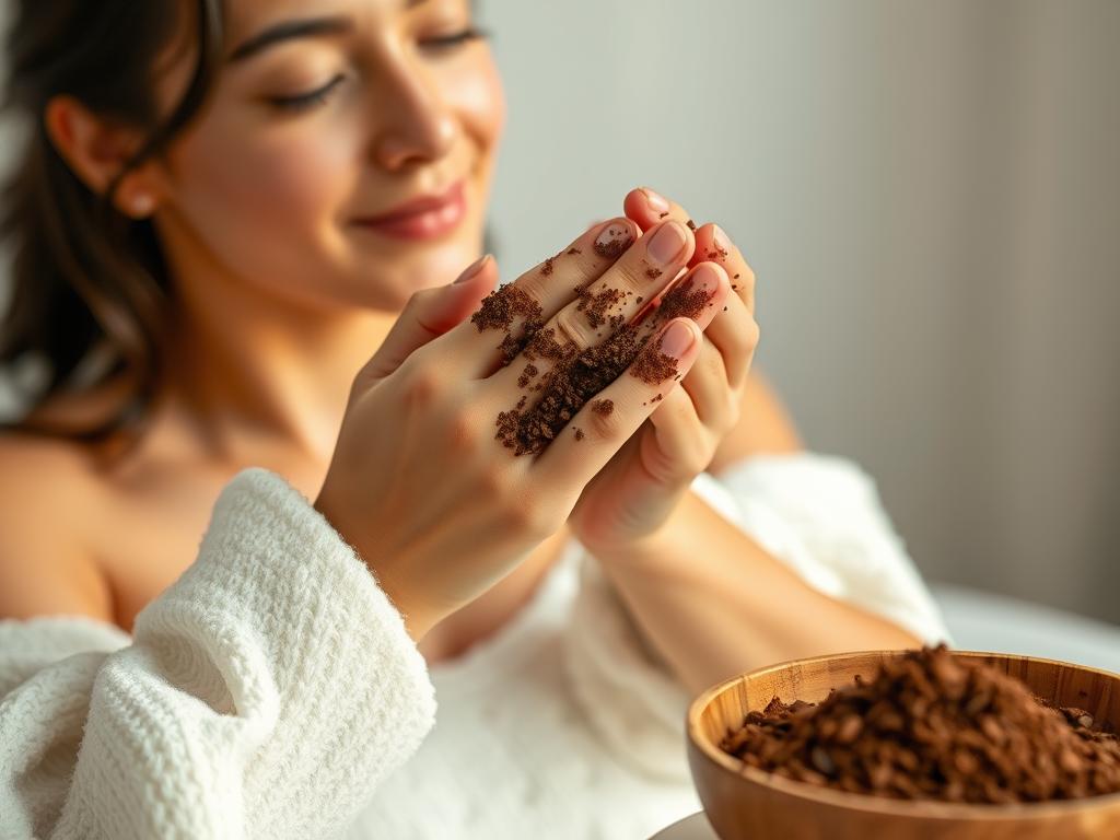A tranquil scene of a woman's hands gently massaging a fragrant coffee scrub into her skin. The foreground is focused on her palms delicately working the exfoliating mixture, the mid-ground reveals her relaxed expression as she experiences the revitalizing effects, and the background is softly blurred, conveying a sense of peaceful self-care. Soft, diffused lighting casts a warm, inviting glow, highlighting the rich tones of the coffee grounds and the healthy glow of her complexion. The composition is balanced and serene, inviting the viewer to imagine the soothing sensations and rejuvenating benefits of this natural skincare ritual.