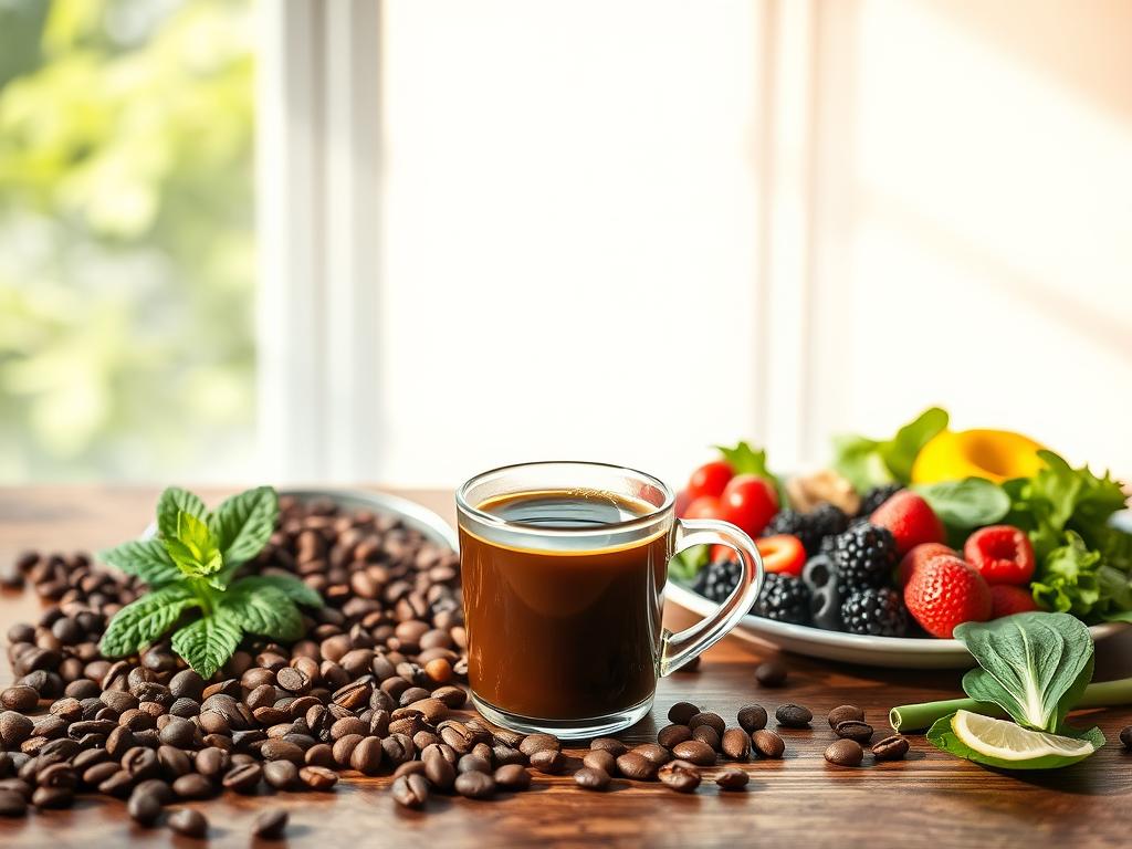 A vibrant and balanced still life showcasing the nutritional benefits of coffee. In the foreground, a freshly brewed cup of rich, aromatic coffee sits atop a wooden table, steam gently rising. Surrounding it, an assortment of whole coffee beans, a sprig of fresh mint, and a plate displaying various superfoods and healthy ingredients like berries, nuts, and leafy greens. The middle ground features a clean, minimalist backdrop, allowing the subject to take center stage. Natural lighting from a large window casts a soft, warm glow across the scene, creating a inviting and nourishing atmosphere. The overall composition conveys the idea of coffee as a versatile and integral part of a balanced, healthy diet.