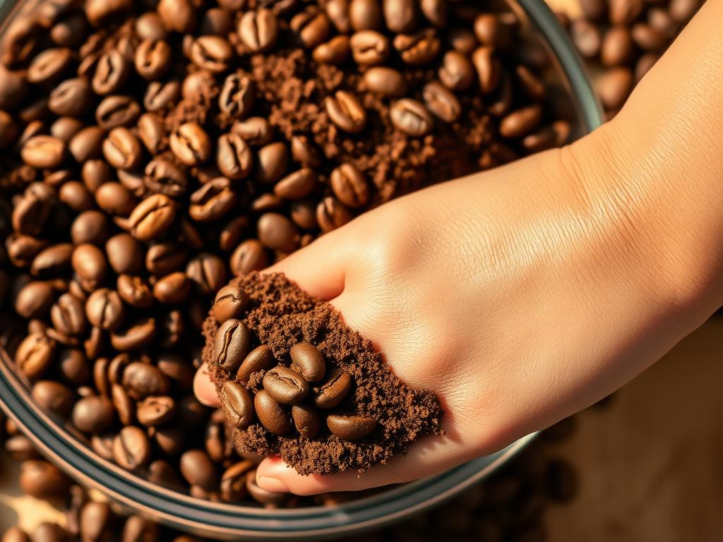 A vibrant close-up of freshly ground coffee beans, their rich brown tones contrasting against a soft, smooth skin texture. The beans are nestled in a shallow glass bowl, illuminated by warm, natural lighting that casts gentle shadows and highlights the intricate patterns of the grounds. In the foreground, a well-manicured hand gently scoops a portion of the coffee, revealing the supple, radiant skin underneath - a testament to the nourishing and rejuvenating benefits of this natural skincare ingredient. The overall scene radiates a sense of relaxation, wellness, and the transformative power of this simple, yet effective, skin care treatment.