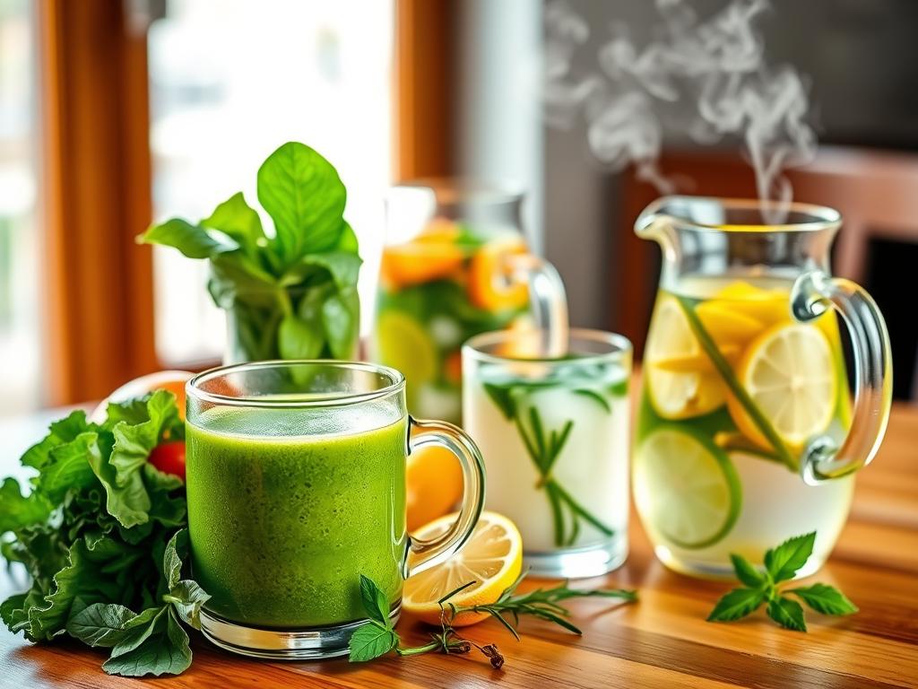 A vibrant still life capturing a selection of healthy post-surgery beverages. In the foreground, a glass filled with a bright green smoothie made from fresh leafy greens, fruits, and vegetables. Beside it, a steaming mug of herbal tea, its fragrant steam rising gently. In the middle ground, a glass pitcher of infused water, its contents a refreshing blend of citrus and aromatic herbs. The background features a wooden table, its surface bathed in soft, diffused natural light streaming through a nearby window. The overall mood is calming, nourishing, and restorative, perfectly suited to aid in the healing process after a dental procedure.