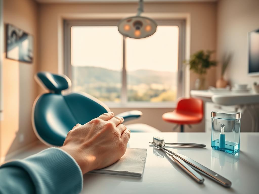 A warm, cozy dental office with a calming atmosphere. The foreground features a patient's hands resting on a dentist's chair, conveying a sense of care and attentiveness. The middle ground showcases dental hygiene tools, including a toothbrush, dental floss, and a dental mirror, neatly arranged on a clean, white surface. The background features a large window overlooking a serene, natural landscape, providing a soothing, tranquil ambiance. The lighting is soft and diffused, creating a relaxing, therapeutic environment. The overall composition emphasizes the importance of dental health and the personalized, attentive care provided by the dental professionals.