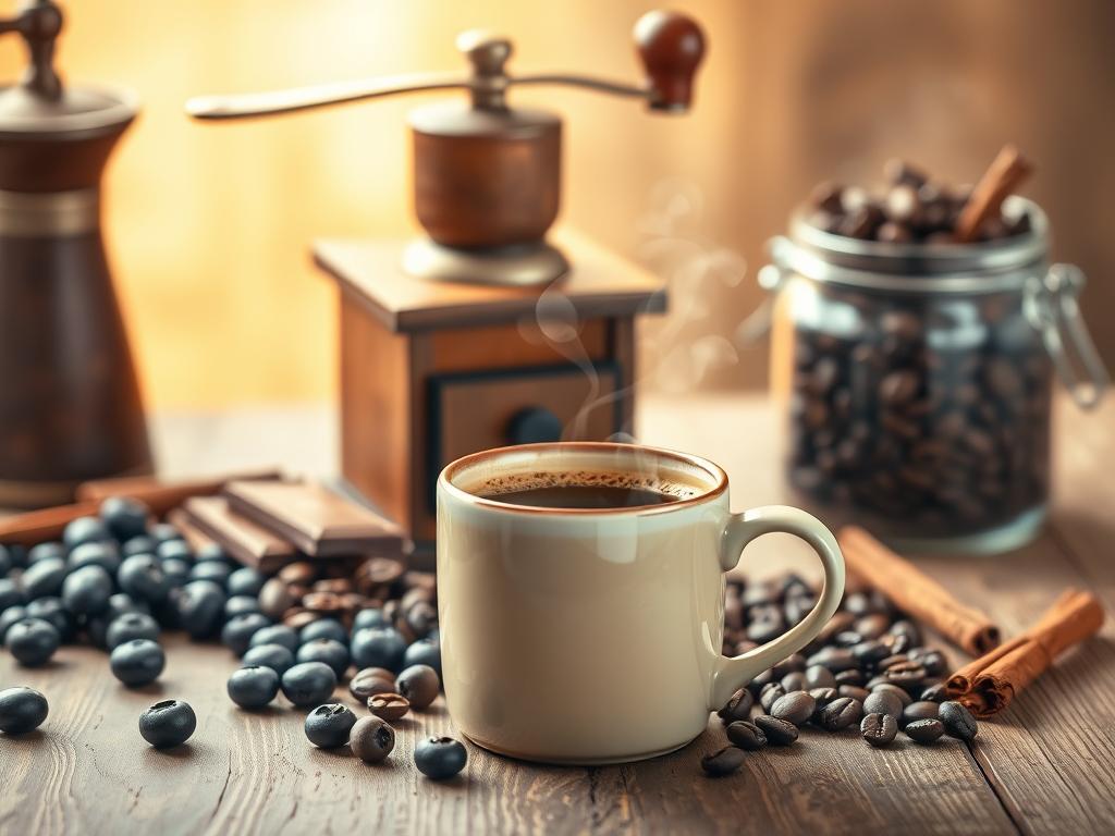 A warm, inviting still life showcasing the antioxidant properties of coffee. In the foreground, a steaming mug of freshly brewed coffee sits atop a wooden table, its rich aroma filling the air. Surrounding the mug are various superfoods known for their high antioxidant content, such as blueberries, dark chocolate, and cinnamon sticks. The mid-ground features a vintage coffee grinder and a glass jar filled with whole coffee beans, emphasizing the process of transforming the raw beans into the aromatic beverage. The background is softly blurred, creating a cozy, intimate atmosphere that highlights the soothing and nourishing qualities of this beloved drink. Warm, golden lighting casts a gentle glow over the scene, conveying a sense of comfort and wellbeing. The overall composition is balanced and visually appealing, inviting the viewer to savor the positive effects of coffee on digestion.