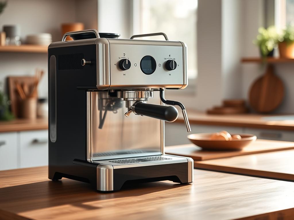 A well-crafted coffee machine sitting prominently on a wooden kitchen counter, bathed in warm, natural lighting. The stainless steel body gleams, contrasting with the matte black accents. The machine features a classic, retro-inspired design with clean lines and a user-friendly interface. In the background, a minimalist kitchen scene unfolds, with subtle hints of greenery and earthy tones that create a cozy, inviting atmosphere. The composition emphasizes the machine's sleek, sophisticated aesthetic, making it the focal point of the image and perfectly suited to illustrate the "Kaffeezubehör und -equipment für Zuhause" section of the article.