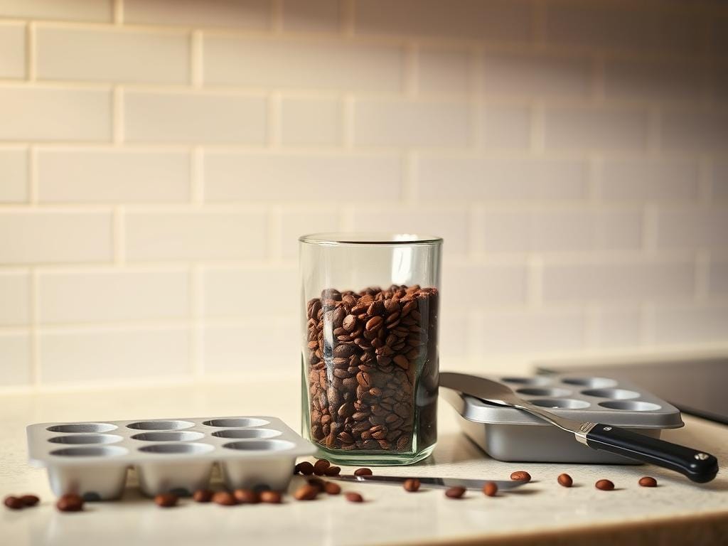 A well-lit kitchen countertop, with a clear glass container filled with freshly ground coffee beans placed in the center. The container is accompanied by a metal ice cube tray, a small spoon, and a knife, all neatly arranged. The background features a clean, minimalist tiled wall, providing a simple and clean backdrop to the scene. The lighting is soft and warm, creating a cozy and inviting atmosphere, highlighting the rich, dark color of the coffee beans. The overall composition conveys a sense of order and attention to detail, reflecting the importance of properly freezing coffee to preserve its freshness and flavor.