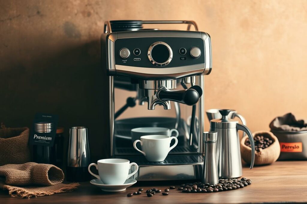 A beautifully crafted espresso set, featuring a sleek, shiny espresso machine set against a backdrop of rich, earthy tones. The machine's metallic finish gleams under warm, softly diffused lighting, creating an inviting, cafe-like atmosphere. Surrounding the machine are carefully curated accessories, such as a set of elegant demitasse cups, a stylish milk frother, and a selection of premium coffee beans in rustic burlap sacks. The overall composition evokes a sense of refined, sophisticated indulgence, perfect for the true espresso enthusiast.