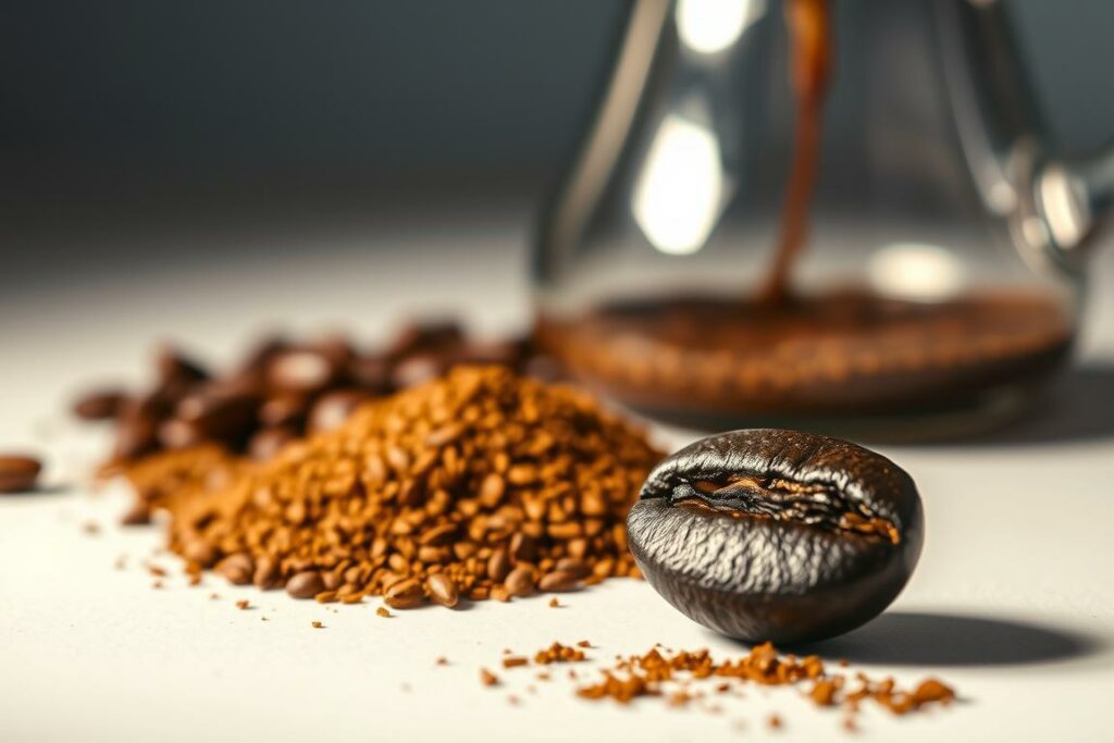 A beautifully crafted, high-resolution photograph showcasing the quality attributes of premium coffee. In the foreground, a single whole coffee bean, glistening with rich, dark color and a hint of oil, rests atop a clean, white surface. The middle ground features an artful arrangement of freshly ground coffee, the fine particles casting a warm, earthy tone. In the background, a soft-focus view of a classic glass coffee pour-over setup, with a sleek metallic frame and a delicate stream of freshly brewed coffee. The lighting is soft and diffused, creating a cozy, inviting atmosphere that evokes the aroma and taste of exceptional coffee. Captured with a shallow depth of field and a slightly elevated camera angle to emphasize the subject's quality and craftsmanship.