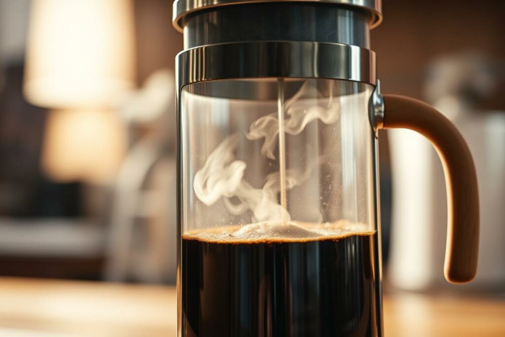 A beautifully lit French press with freshly brewed dark roast coffee, steam gently rising from the glass carafe. The sturdy metal frame and wooden handle are in focus, while the background is softly blurred, creating a warm, artisanal atmosphere. The scene is captured at a medium angle, highlighting the intricate steps of the manual brewing process - the coarse coffee grounds, the hot water slowly being poured, and the delicate swirling motion of the plunger being carefully pressed down. The overall mood is one of calm, mindful preparation, inviting the viewer to savor the rich, aromatic experience of the perfect French press coffee.
