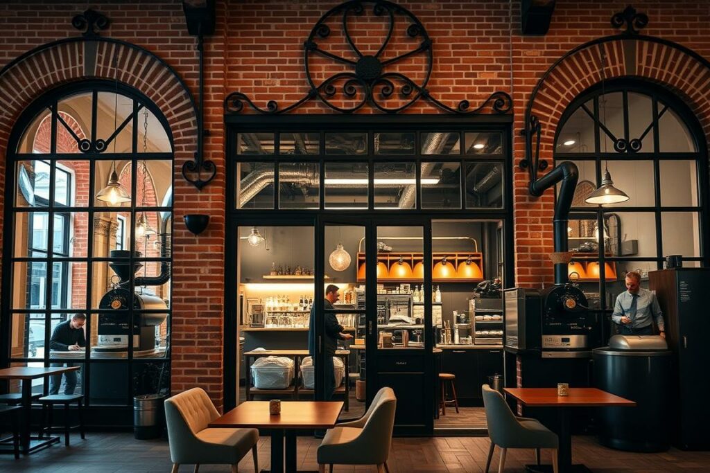 A bustling Munich coffee roastery, the Münchner Rösterei, stands proudly against a backdrop of old-world charm. The warm, earthy tones of the brick facade and the intricate wrought-iron detailing create a timeless ambiance. Through the large, inviting windows, one can glimpse the artisanal roasting process, where skilled baristas meticulously tend to the beans, coaxing out their rich, aromatic essence. The interior is a harmonious blend of modern and traditional elements, with sleek, minimalist furnishings complementing the vintage machinery and historic decor. Soft, diffused lighting casts a welcoming glow, setting the stage for a truly immersive coffee experience that honors the Münchner Kaffeerösterei's storied legacy.