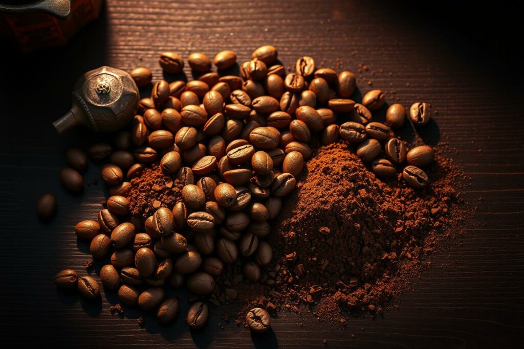 A carefully composed still life of premium Arabica coffee beans and espresso grounds, artfully arranged on a dark wooden surface. Warm lighting from above creates dramatic shadows and highlights the rich, deep tones of the coffee. The composition is balanced, with the beans and grounds taking center stage, surrounded by subtle hints of weathered metal or ceramic accents. An air of sophistication and craftsmanship pervades the scene, evoking the premium quality and care taken in blending these exceptional Arabica coffee varieties. The image conveys a sense of the flavorful complexity and aromatic depth of these special espresso mischungen.