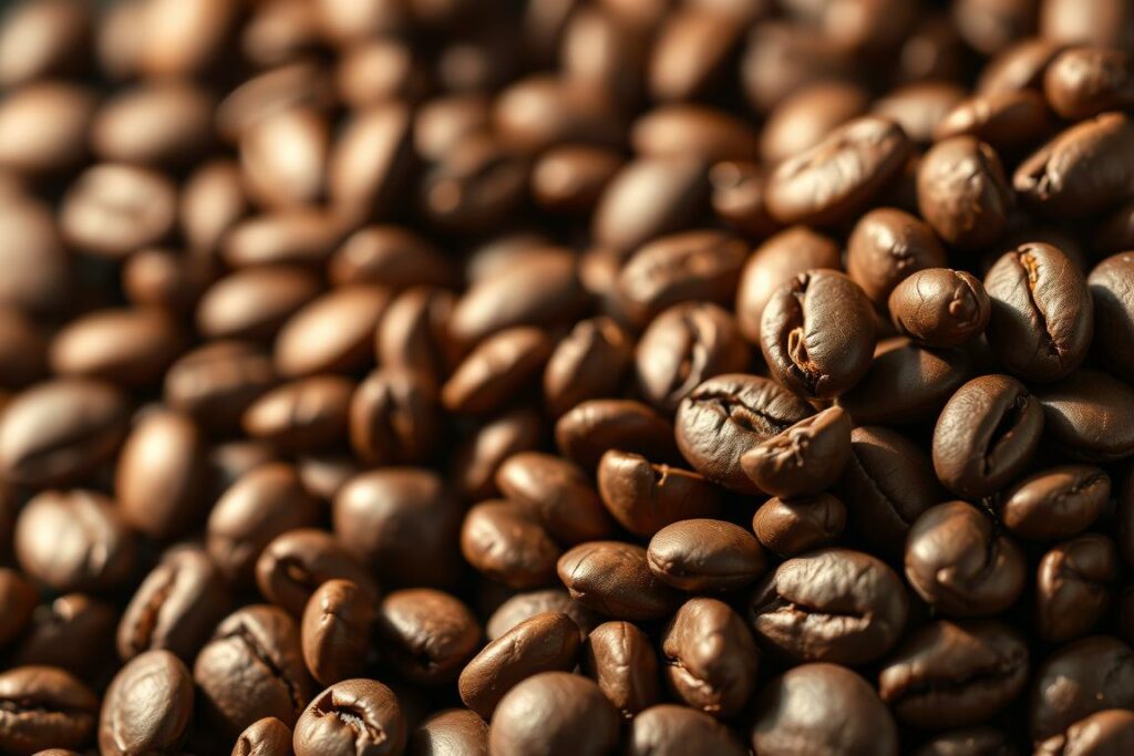 A close-up of decaffeinated coffee beans, glistening with a light sheen, arranged in a tasteful, artful display. The beans are a deep, rich brown, with subtle hints of caramel and chocolate. The lighting is soft and warm, creating a cozy, inviting atmosphere. The focus is sharp, highlighting the intricate textures and contours of the beans. The background is slightly blurred, allowing the beans to take center stage. The overall composition is balanced and visually appealing, showcasing the beauty and allure of these premium decaffeinated coffee beans.
