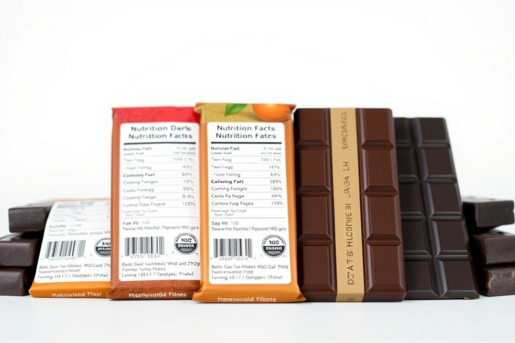A close-up photograph of a selection of high-quality dark chocolate bars, their wrappers prominently displaying their nutritional information. The bars are arranged neatly against a clean, white background, allowing the packaging and labeling to be the focal point. The lighting is soft and even, highlighting the rich, glossy sheen of the chocolate and the crisp, legible text on the wrappers. The composition emphasizes the importance of the nutritional values, inviting the viewer to closely examine the details. The overall mood is one of simplicity, clarity, and an appreciation for the health-conscious aspects of premium chocolate.