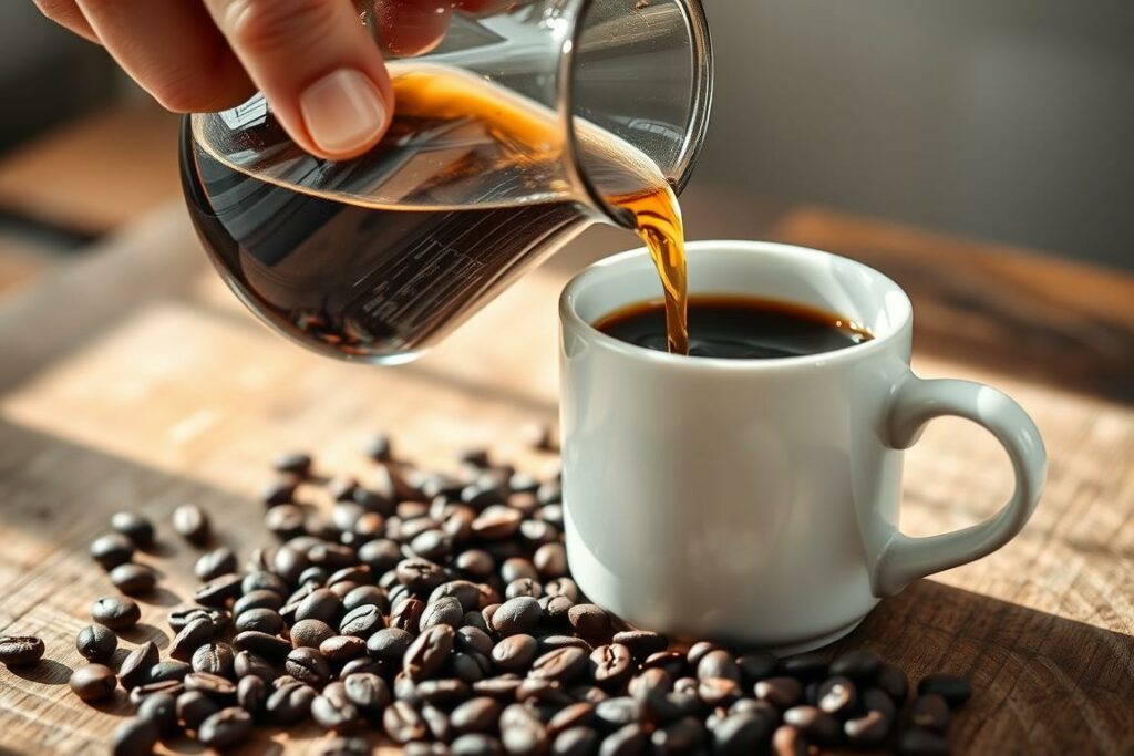 A close-up shot of a hand gently pouring freshly brewed decaf coffee from a glass carafe into a white ceramic mug. The dark roasted decaf coffee beans are visible in the foreground, their rich aroma wafting through the air. Soft, natural lighting illuminates the scene, creating a warm, inviting atmosphere. The mug is placed on a rustic wooden surface, hinting at a cozy, homely setting. The overall composition emphasizes the care and attention required to prepare the perfect cup of decaffeinated coffee, reflecting the section title "Die richtige Zubereitung von entkoffeiniertem Kaffee".