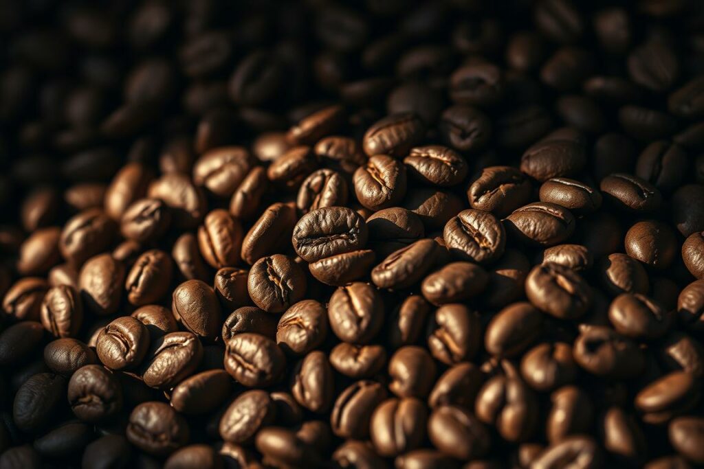A close-up shot of a handful of freshly roasted Arabica coffee beans, their rich brown hues and distinctive elliptical shapes filling the frame. The beans are illuminated from the side, creating warm shadows that accentuate their textural details and natural sheen. The background is blurred, placing the focus entirely on the captivating coffee beans and their intricate, organic forms. The lighting is soft and diffused, evoking a sense of elegance and premium quality. This image aims to showcase the unique properties that make Arabica coffee beans so prized, hinting at the complex flavors and aromas that await within.
