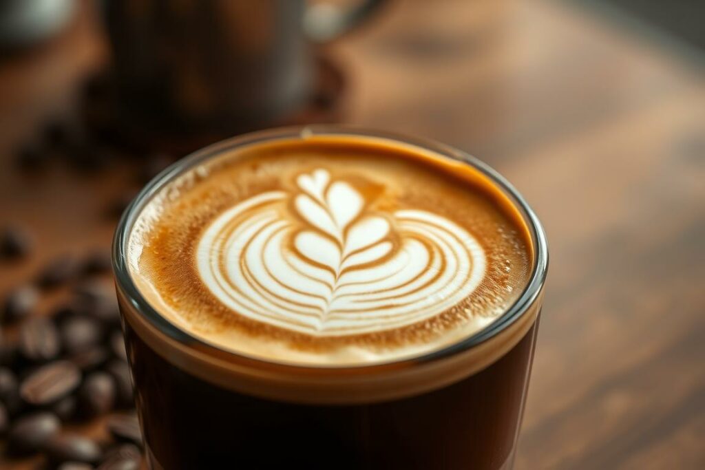 A close-up shot of an artfully crafted cup of specialty Caro coffee, with rich, dark roasted beans and a creamy, frothy layer of milk foam. The lighting is soft and warm, illuminating the intricate details of the coffee art - delicate latte art patterns swirling across the surface. The background is blurred, allowing the viewer to focus solely on the captivating presentation of this unique coffee experience. The overall mood is one of indulgence, quality, and a appreciation for the craft and care that goes into every cup of Caro Kaffee.