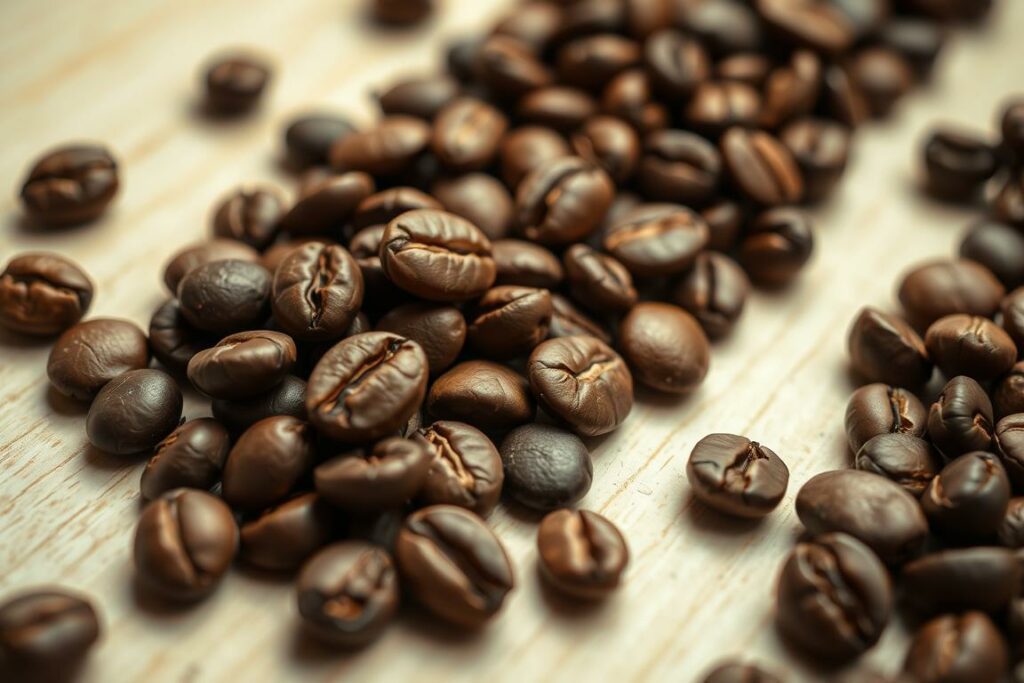 A close-up shot of freshly roasted coffee beans in various shades of brown, from light to dark, arranged artfully on a light wooden surface. The beans are glistening, highlighting their oily texture and uneven surfaces. The lighting is soft and diffused, creating a warm, cozy atmosphere. The focus is sharp, allowing the viewer to see the intricate details of the beans, such as their cracked and pitted exteriors. The composition is balanced, with the beans taking up the majority of the frame, but leaving enough negative space to create a sense of depth and simplicity. The overall mood is one of quality, craftsmanship, and the appreciation of the perfect cup of coffee or espresso.
