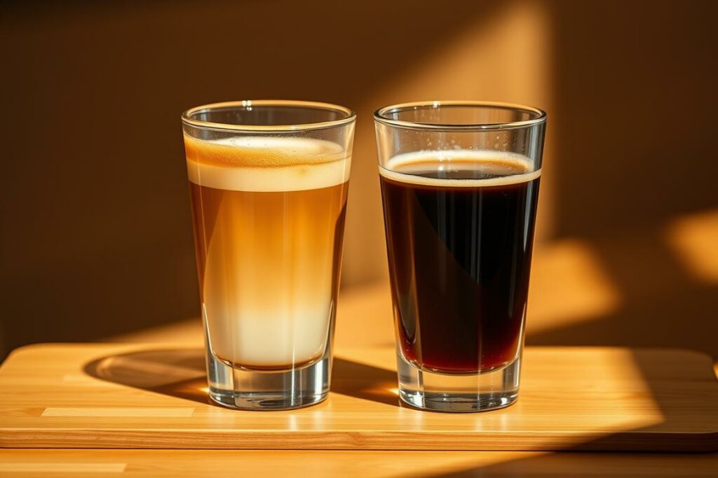 A close-up shot of two glasses filled with distinct coffee beverages, one with a rich, thick crema layer on top, and the other with a more uniform, darker liquid. The glasses are positioned on a sleek, minimalist wooden surface, bathed in warm, directional lighting that casts subtle shadows and highlights the textures of the drinks. The background is blurred, creating a sense of focus and emphasis on the central subject. The image conveys the visual contrast and differences between a standard cup of coffee and a well-crafted café crema, inviting the viewer to appreciate the nuances in coffee preparation and presentation.