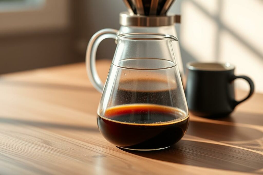 A close-up view of a classic Caro coffee preparation, showcasing the intricate process. In the foreground, a sleek glass or ceramic carafe sits atop a muted, minimalist wooden surface, its contents emitting gentle wisps of steam. The mid-ground features the central brewing apparatus, perhaps a pour-over or French press, its design elegant and functional. The background subtly fades, emphasizing the focus on the coffee-making ritual. Warm, natural lighting illuminates the scene, casting soft shadows and highlighting the rich, amber hues of the freshly brewed Caro. The overall atmosphere conveys a sense of artisanal craftsmanship and a reverence for the simple pleasures of a well-prepared cup of specialty coffee.