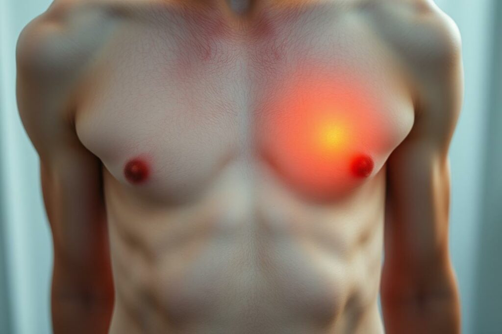 A close-up view of a person's torso, showing their upper abdomen and chest area. The skin appears inflamed and reddened, with a subtle glow of heat radiating from the affected region. The lighting is soft and diffused, creating a sense of intimacy and vulnerability. The background is out of focus, blurred to emphasize the focal point of the painful, burning sensation known as "Sodbrennen" or acid reflux. The composition is centered and framed to draw the viewer's attention to the physiological discomfort and the need for understanding and relief.