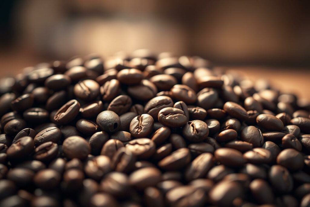 A close-up view of a pile of high-quality Arabica coffee beans, illuminated by soft, warm lighting. The beans are evenly roasted to a medium-dark shade, revealing their rich, mahogany-like hues. The surface texture of the beans is finely detailed, showcasing their intricate patterns and subtle variations. The background is blurred, keeping the focus on the carefully selected, premium-grade Arabica coffee beans in the foreground. The overall atmosphere conveys a sense of artisanal craftsmanship and the pursuit of coffee excellence.