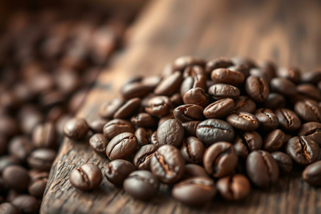 A close-up view of a selection of premium single-origin Arabica coffee beans, resting on a rustic wooden surface. The beans are roasted to a deep, even shade, exuding an alluring aroma. Warm, soft lighting illuminates the scene, highlighting the intricate textures and natural variations in the beans. The background is blurred, placing the focus squarely on the coffee beans, inviting the viewer to inspect and appreciate their quality and unique characteristics. The overall mood is one of artisanal craftsmanship and the appreciation of specialty coffee.