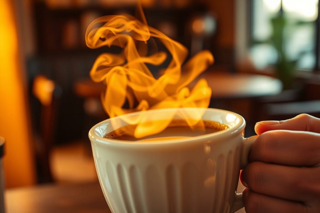 A close-up view of a steaming hot cup of freshly brewed coffee, set against a blurred background of a cozy café interior. The coffee's surface gently ripples, hinting at the acidity and bitterness that can trigger heartburn. Warm, golden lighting casts a soothing glow, yet the slightly furrowed brow of the person holding the cup conveys a sense of discomfort. The image aims to visually represent the experience of "Sodbrennen durch Kaffee," capturing the contrast between the inviting aroma of coffee and the unpleasant sensation of acid reflux.