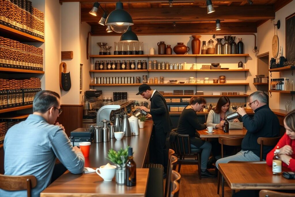 A cozy Münchner Kaffeerösterei, its interior bathed in warm, inviting light. Rows of freshly roasted coffee beans, their rich aroma filling the air, await customers eager to learn about the nuances of specialty coffee. Behind the counter, an experienced barista showcases the intricacies of brewing, pouring latte art with precision. Wooden shelves display an array of artisanal coffee accessories, complementing the rustic, yet modern decor. Patrons gather at intimate tables, sipping their expertly crafted beverages and discussing the origins and flavors of the featured Kaffeespezialitäten. The scene embodies the passion and craftsmanship of Munich's thriving coffee culture.