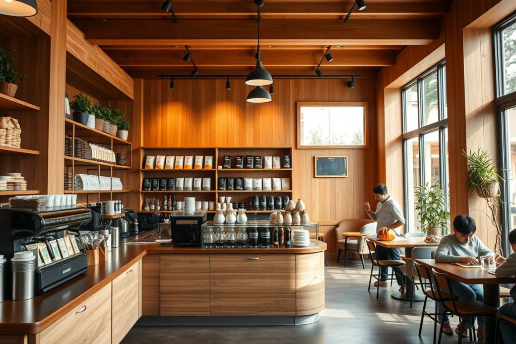 A cozy and inviting coffee shop interior, with warm wooden tones and soft lighting. At the center, a prominent display showcases various coffee beans, bags, and brewing equipment, reflecting the "Caro Kaffee Kaufberatung" concept. The foreground features an elegant, minimalist coffee bar, with a skilled barista preparing a perfect cup of coffee. The middle ground includes comfortable seating areas, where customers can leisurely enjoy their beverages and discuss coffee recommendations. The background showcases large windows, allowing natural light to filter in and create a serene, relaxing atmosphere. The overall scene conveys a sense of expertise, quality, and passion for the art of coffee.