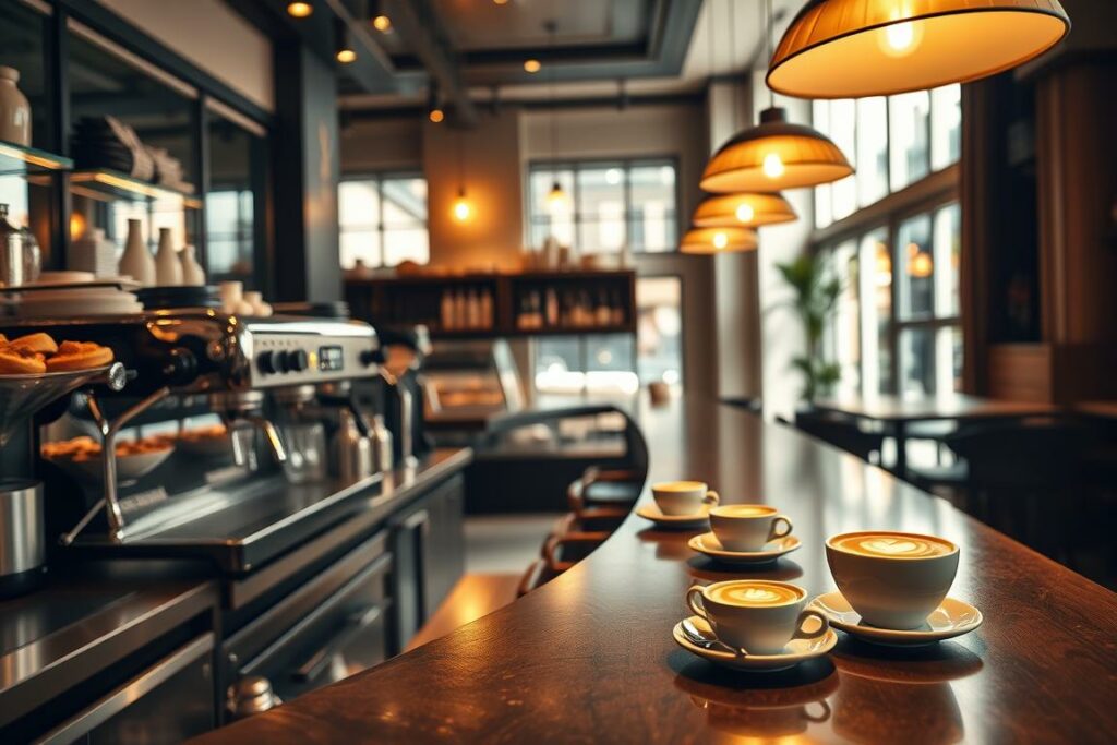 A cozy café interior with a sleek, modern bar counter in the foreground. Gleaming silver espresso machines and glass display cases showcasing freshly baked pastries. The middle ground features neatly laid out coffee cups, saucers, and elegant latte art on the counter. In the background, warm lighting from pendant lamps creates a soft, inviting ambiance, while large windows allow natural daylight to pour in, illuminating the space. The overall mood is one of sophisticated refinement and artisanal craftsmanship, perfectly capturing the essence of a classic café crema.
