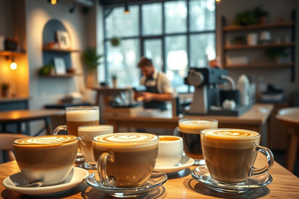 A cozy café setting, bathed in warm, soft lighting. In the foreground, an assortment of artfully crafted coffee drinks - latte art, cappuccinos, and creative coffee variations, each one a delightful visual treat. The middle ground features a knowledgeable barista, skillfully preparing the beverages with precision and care. In the background, a minimalist, Scandinavian-inspired interior design, with natural wood accents and muted color tones, creating a tranquil and inviting atmosphere. The overall scene exudes a sense of relaxation and indulgence, perfectly capturing the essence of enjoying a delightful coffee experience.