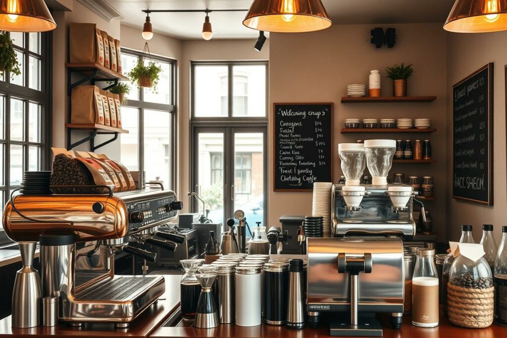 A cozy café setting with a barista's workspace in the foreground. Copper espresso machines and gleaming stainless steel equipment shine under warm pendant lighting. Wooden shelves display an array of coffee accoutrements - bags of freshly roasted beans, glass jars of artisanal syrups, and a sleek tamper. In the middle ground, a chalkboard menu lists enticing beverage options. Soft natural light filters through large windows, casting a welcoming glow. The background reveals a charming urban streetscape, hinting at the vibrant café culture. The overall atmosphere conveys an inviting, hands-on experience for the aspiring barista.