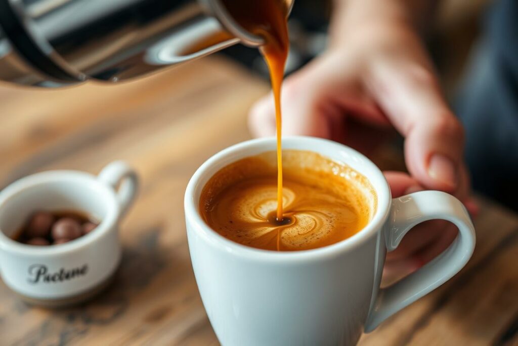 A cozy café setting with a close-up view of a perfectly crafted café crema. The espresso is poured into a classic white ceramic cup, creating a rich, velvety crema with a golden brown hue. Wisps of aromatic steam rise from the cup, inviting the senses. The barista's skilled hand is just out of frame, highlighting the precision and care taken in the preparation. The background is softly blurred, placing the focus entirely on the centerpiece - the beautifully presented café crema, ready to be savored and enjoyed.