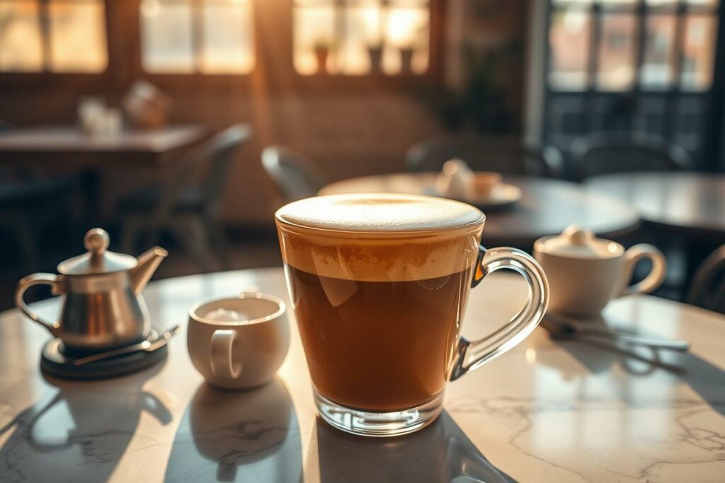 A cozy café setting with a perfectly crafted cup of café crema at the center. The foreground features the cup, filled with rich, caramel-colored liquid and a thick, creamy foam topping. Sunlight filters through large windows, casting a warm, golden glow over the scene. In the middle ground, a marble tabletop showcases a neatly arranged selection of coffee-themed accoutrements - a ceramic sugar bowl, a small pitcher of fresh cream, and a delicate spoon. The background features the soft, blurred outlines of a quaint, old-world café interior, hinting at the relaxed, indulgent atmosphere. The overall mood is one of refined elegance and sensory delight, capturing the essence of the "Kaffeegenuss" experience.