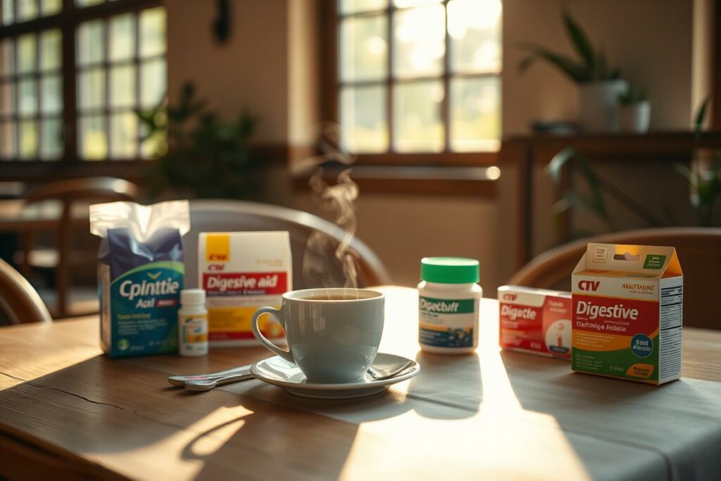 A cozy café setting with a steaming cup of coffee on a wooden table, surrounded by a selection of digestive aids and antacids. Soft, natural lighting filters in through large windows, casting a warm glow on the scene. The table is adorned with a simple, elegant tablecloth, and the background features a soothing, neutral color palette, perhaps with a hint of greenery to evoke a sense of wellness. The overall atmosphere should convey a sense of comfort and care for those experiencing the discomfort of heartburn after enjoying a cup of coffee.
